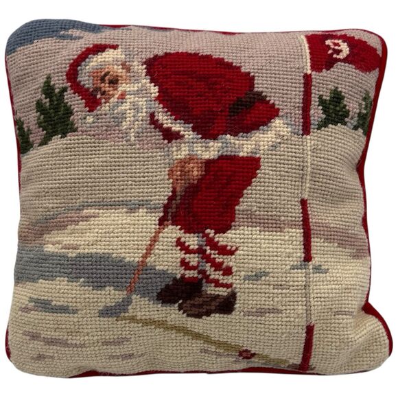 Vtg Needlepoint Pillow Santa Golfing 9" Sq Red Velvet Backing Christmas Decor - Picture 3 of 14